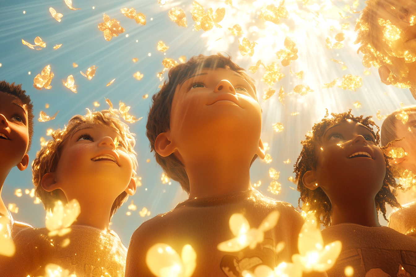 Children glowing with golden light under blue sky.