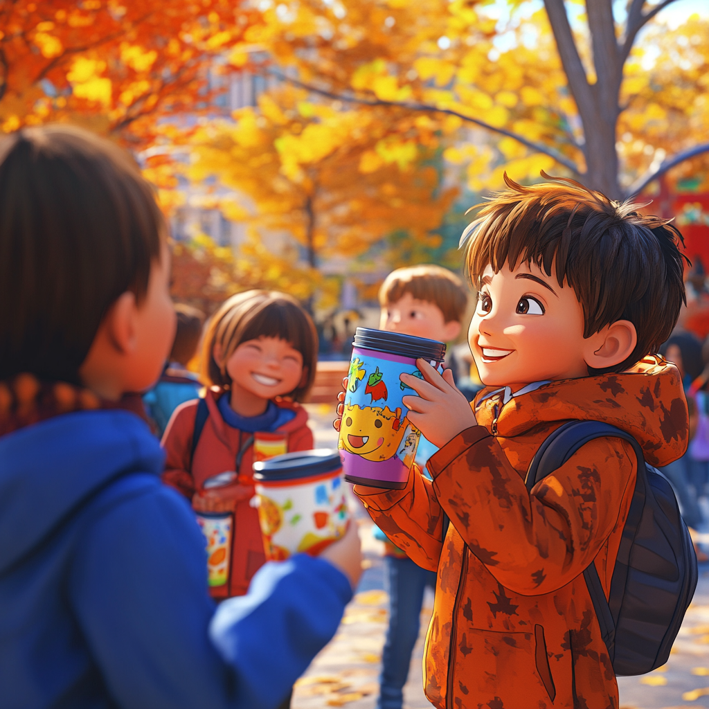 Children having fun drinking from colorful thermos cups.