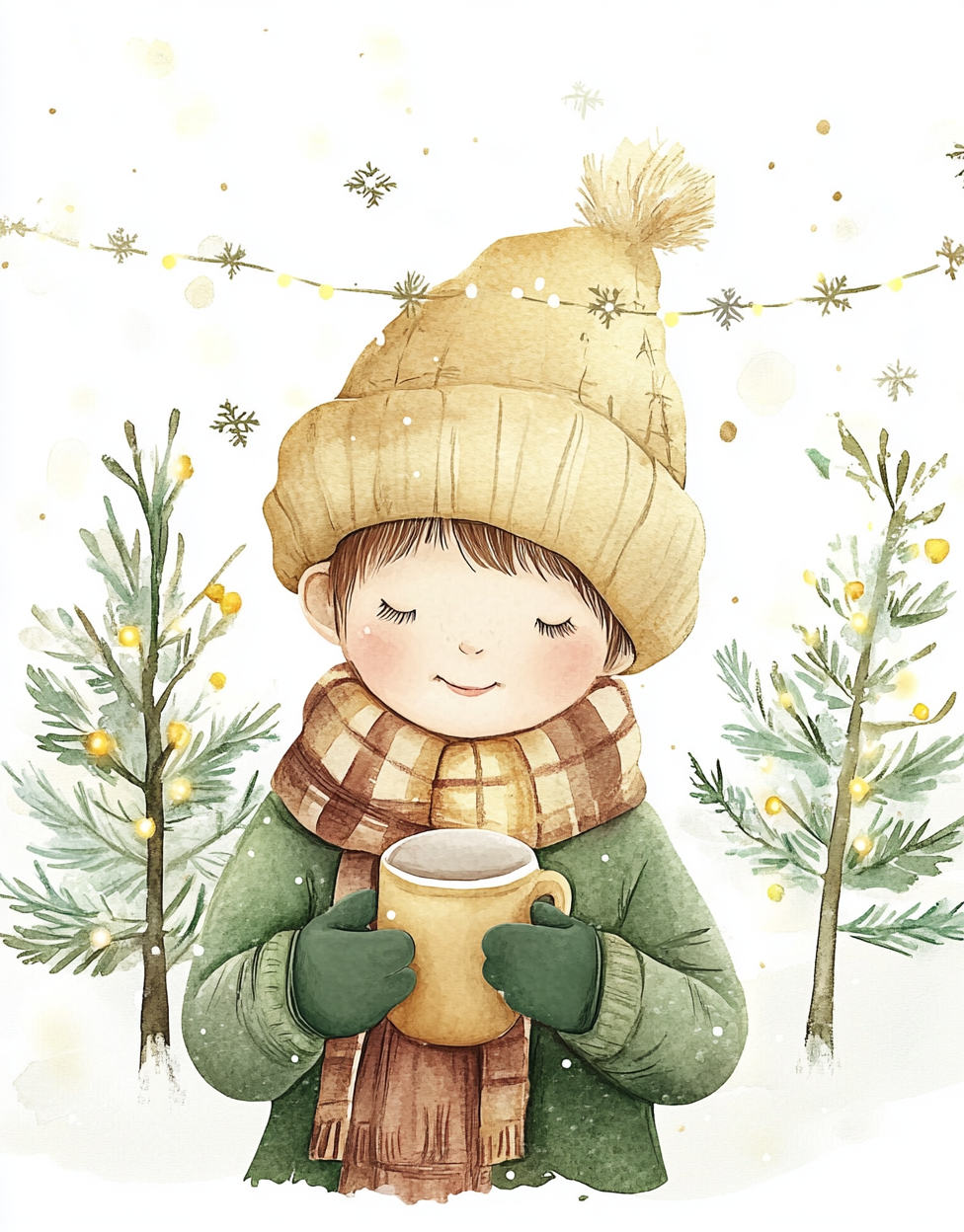 Children holding Christmas mug in winter watercolor painting