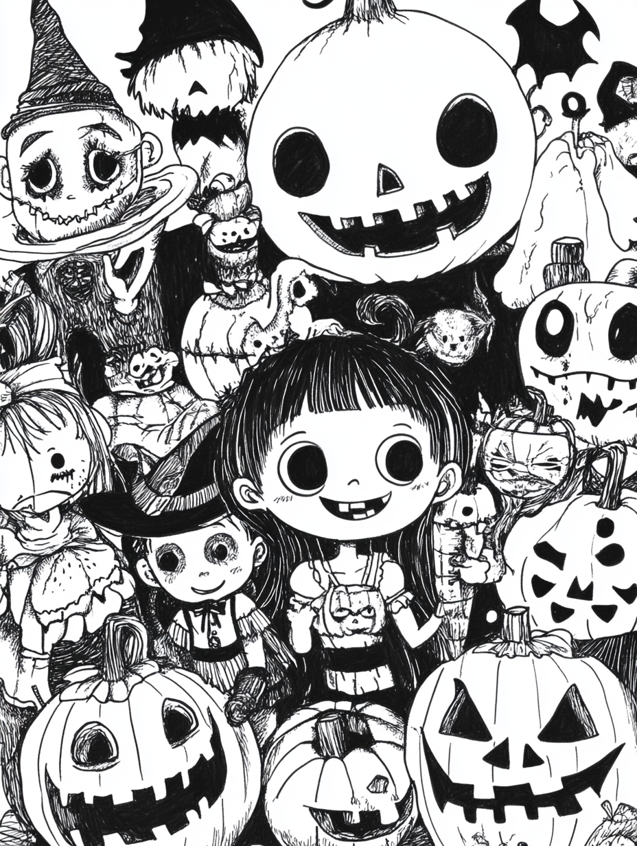 Children in Halloween costumes, masks, thick lines sketch.