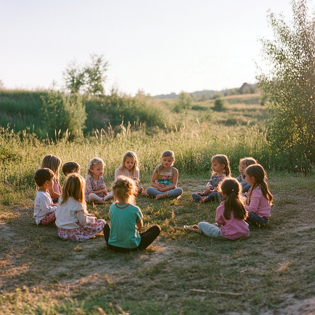 Children in Ukraine share dreams in peaceful field.