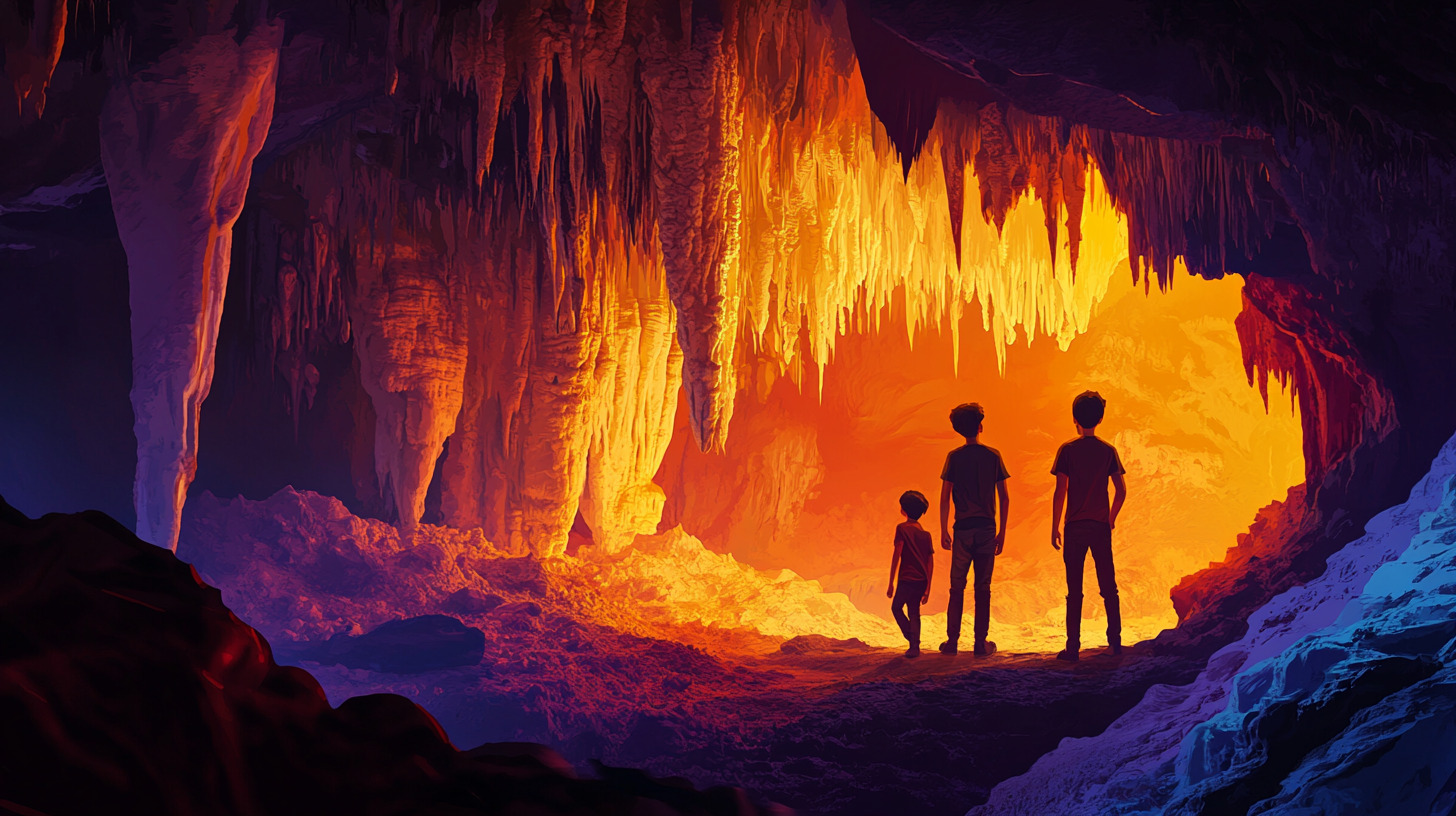 Children in colorful cave with rock formations