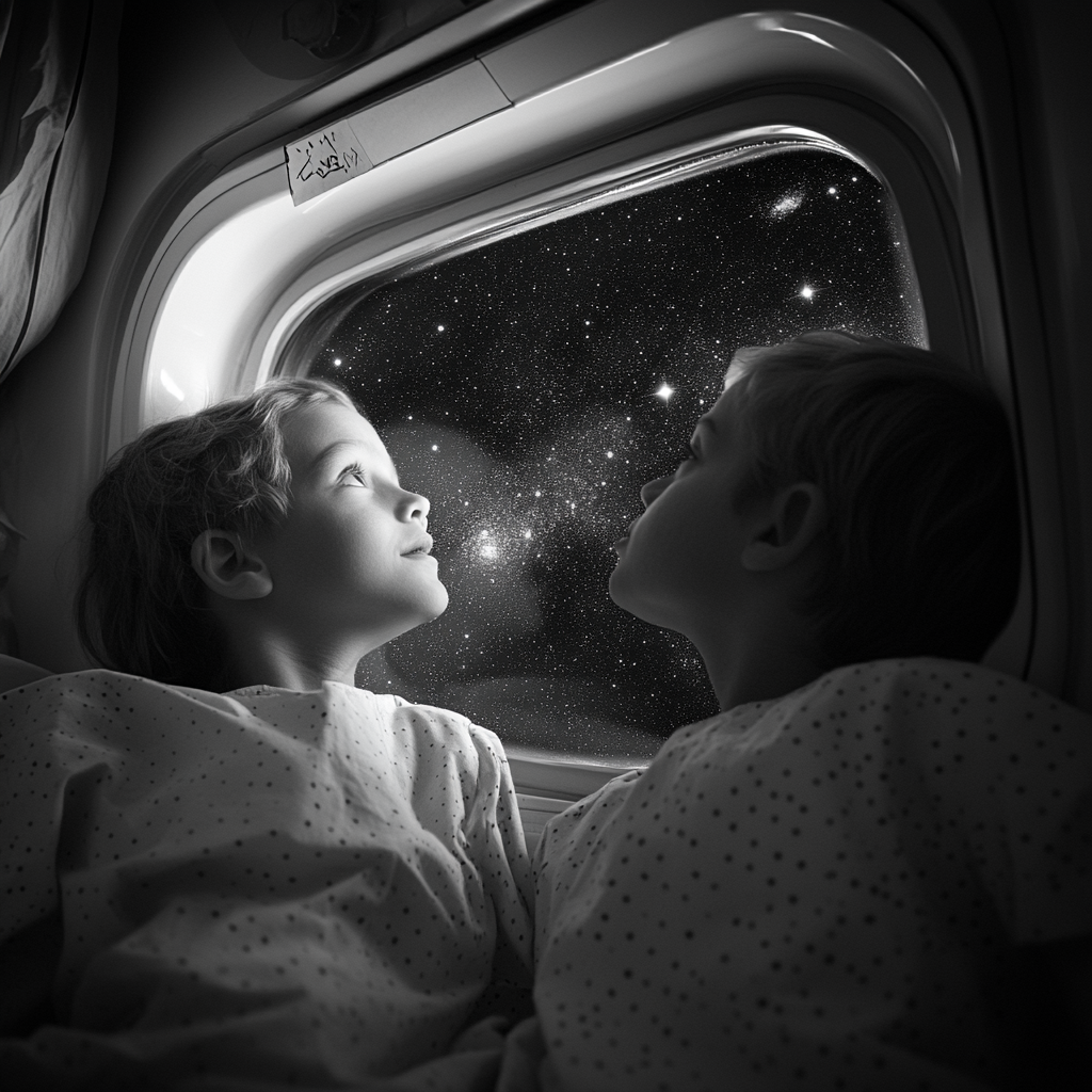 Children in hospital gowns peer into spaceship window.