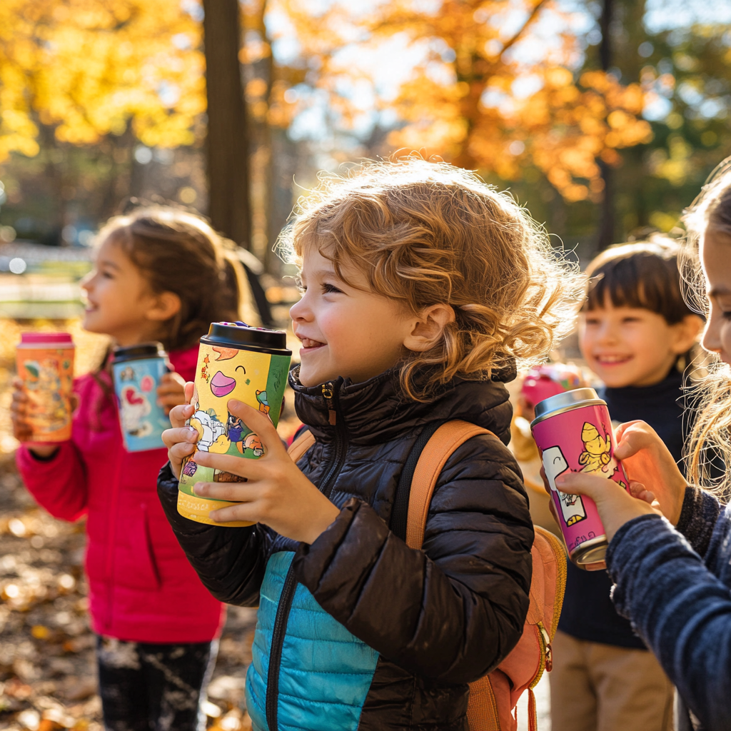 Children in schoolyard happily socializing with thermos cups.