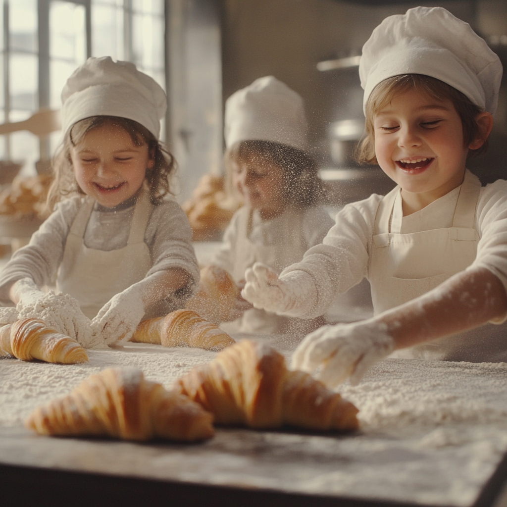 Children joyfully bake croissants in magical bakery