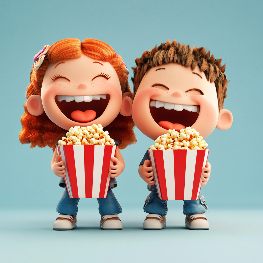 Children laughing while eating popcorn and watching animated movie.