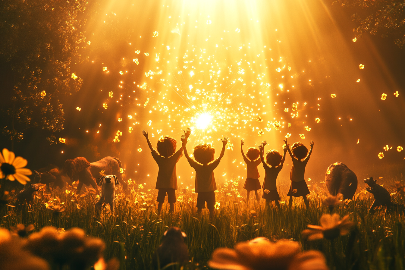 Children lift arms, light beams clear darkness, flowers bloom.