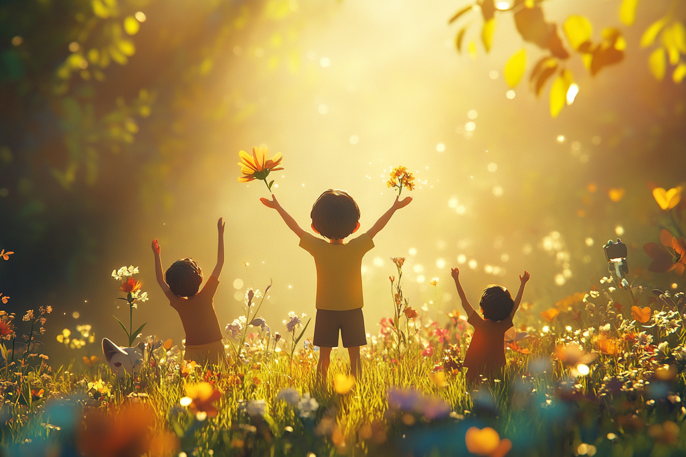 Children lifting arms, light beams clear darkness, flowers blooming.