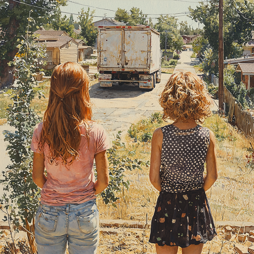 Children moving into colorful neighborhood on sunny day.