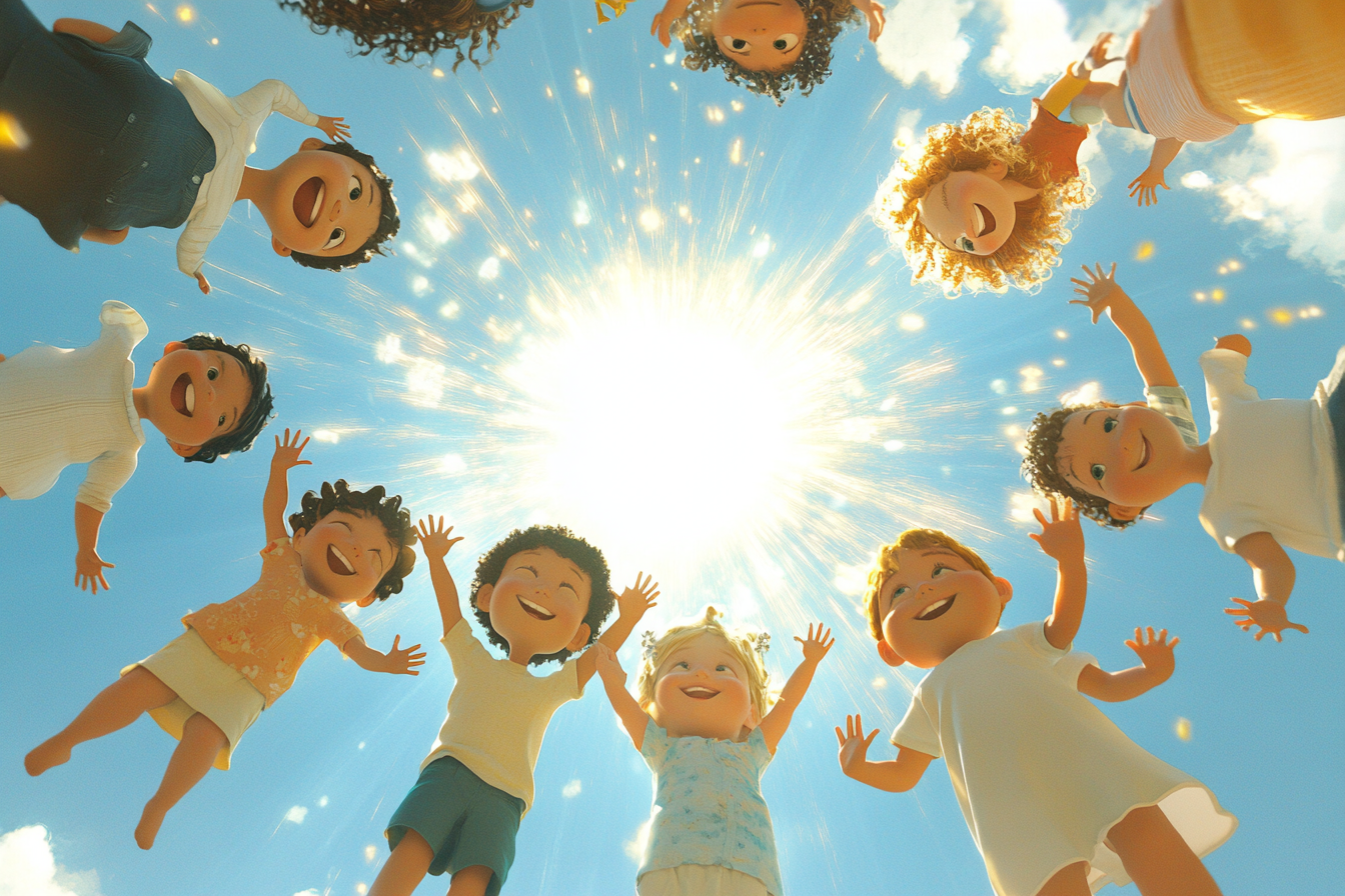 Children of different races in golden light outdoors.