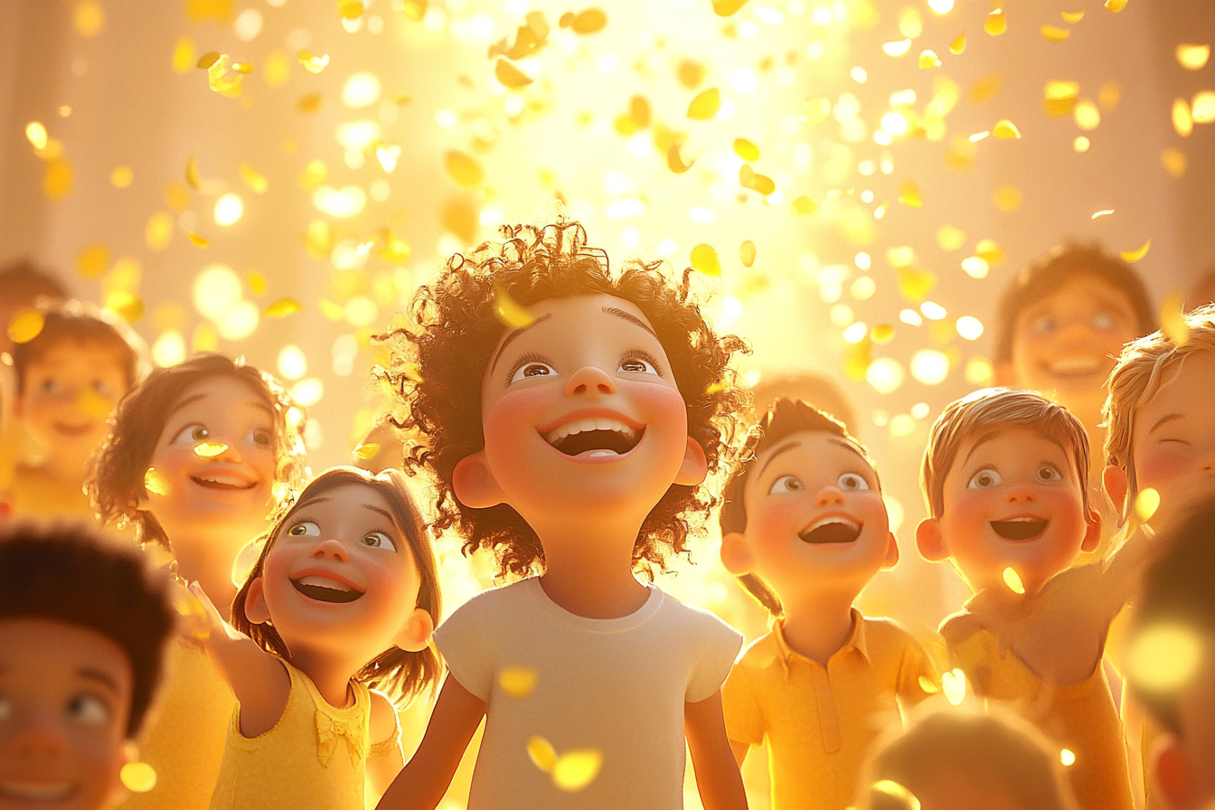 Children of various races illuminated by golden light outdoors.