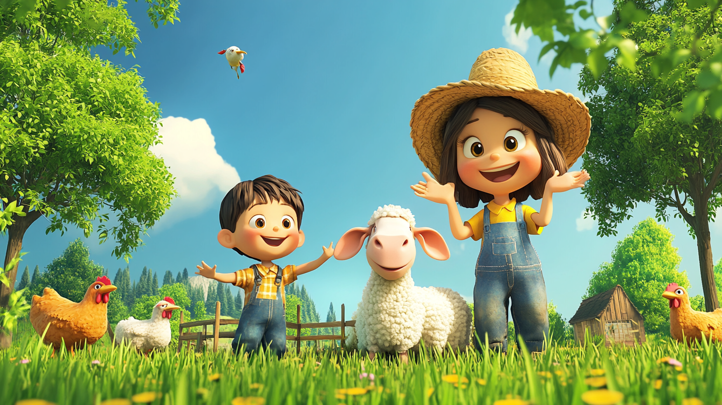 Children on Farm Having Fun with Animals Cartoon