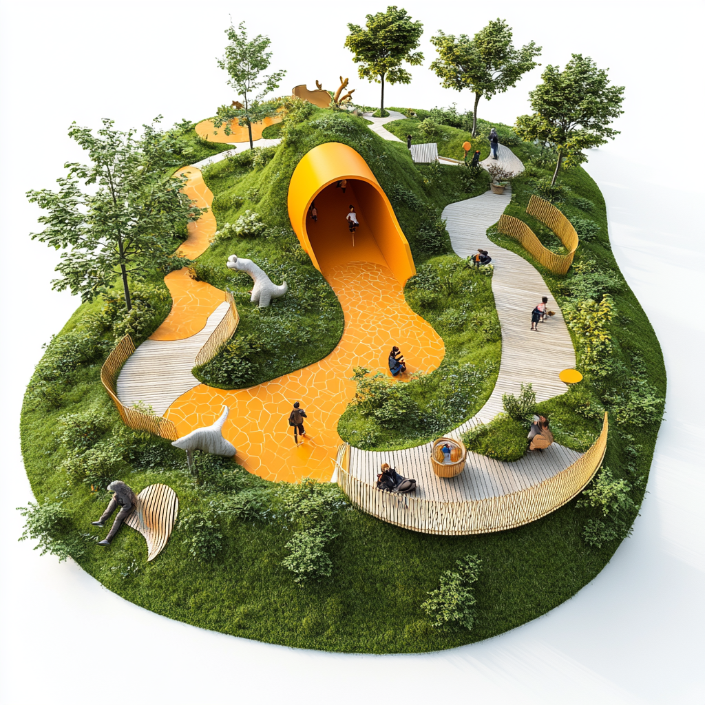 Children play at colorful outdoor playground park