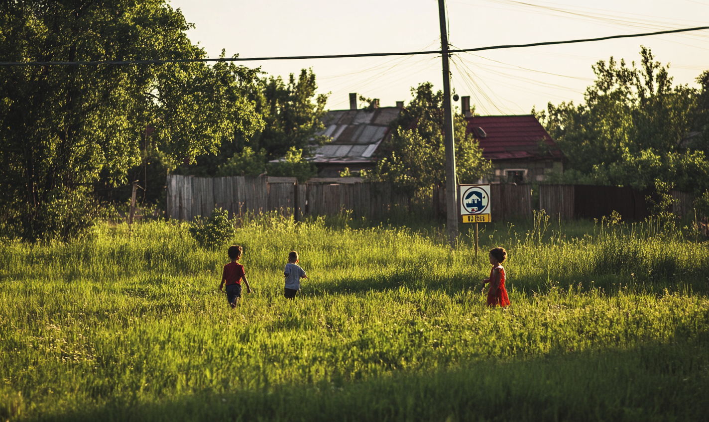 Children play in cleared, safe Ukrainian field. Hopeful peace.