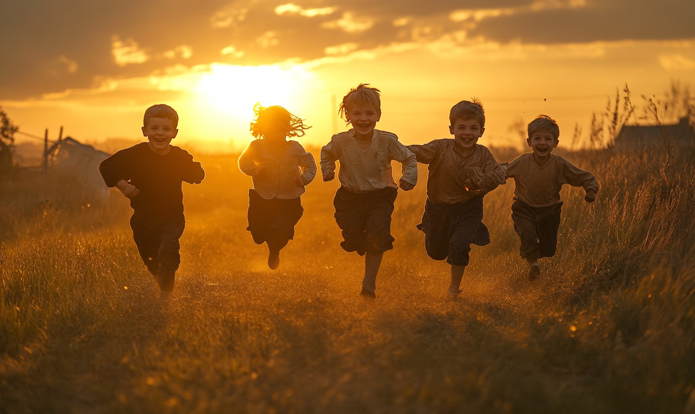 Children playing in Ukraine, under glowing sky.