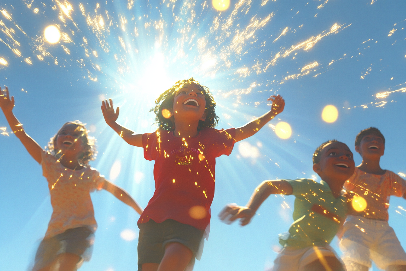 Children playing in golden light beams, glowing and shimmering.