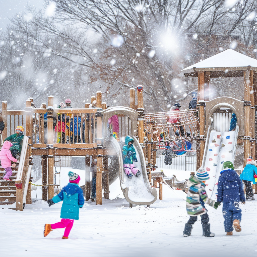 Children playing in snowy playground on colorful structures.