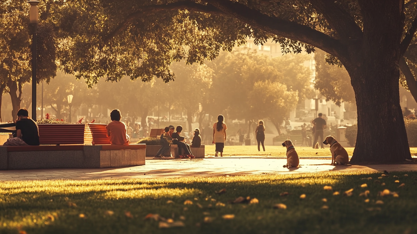 Children playing with dogs in lively park.