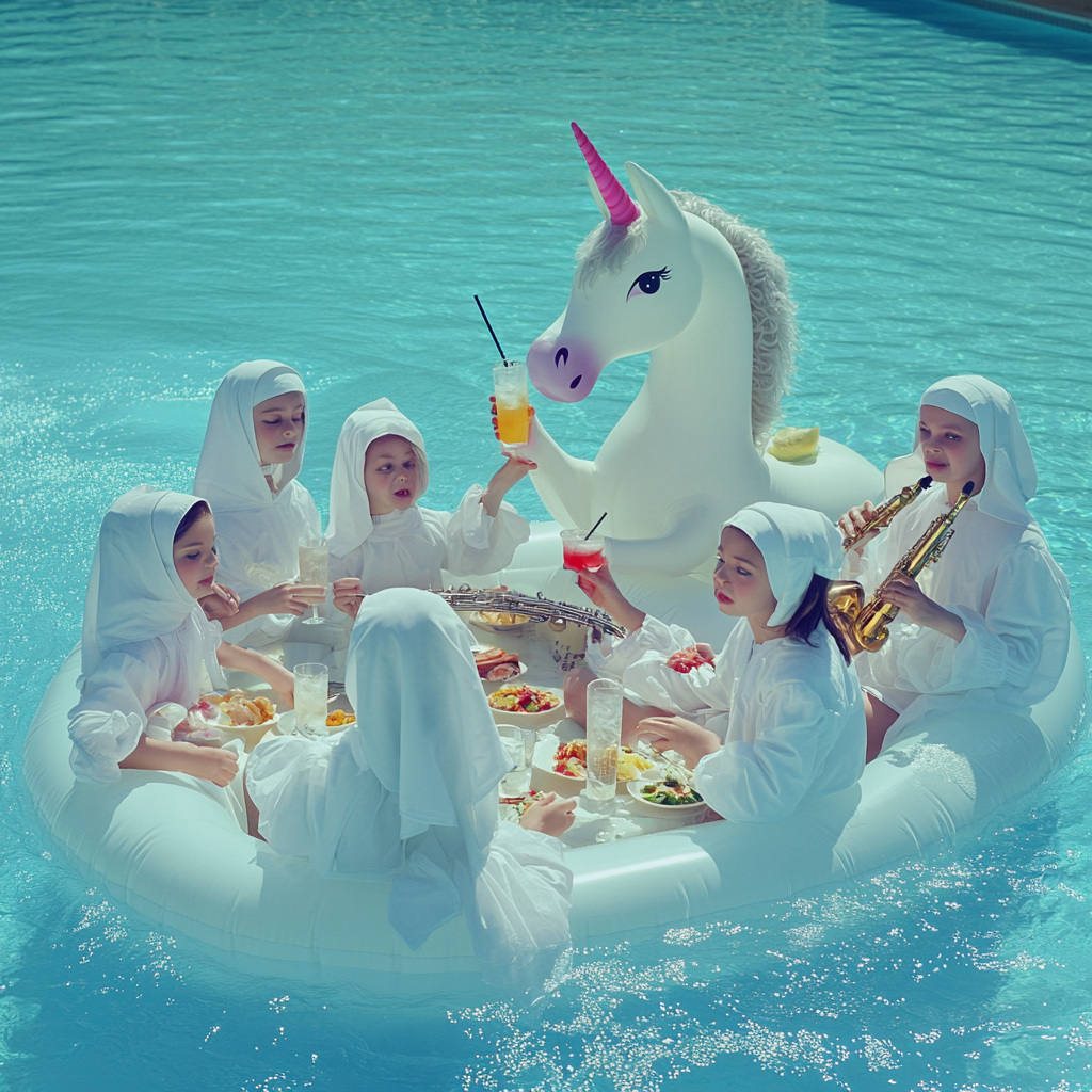 Children practicing at pool, eating, playing music, supervised.