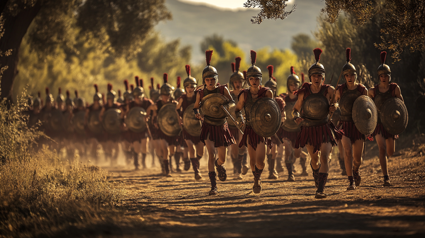 Children practicing endurance with full equipment, soldiers looking proudly.