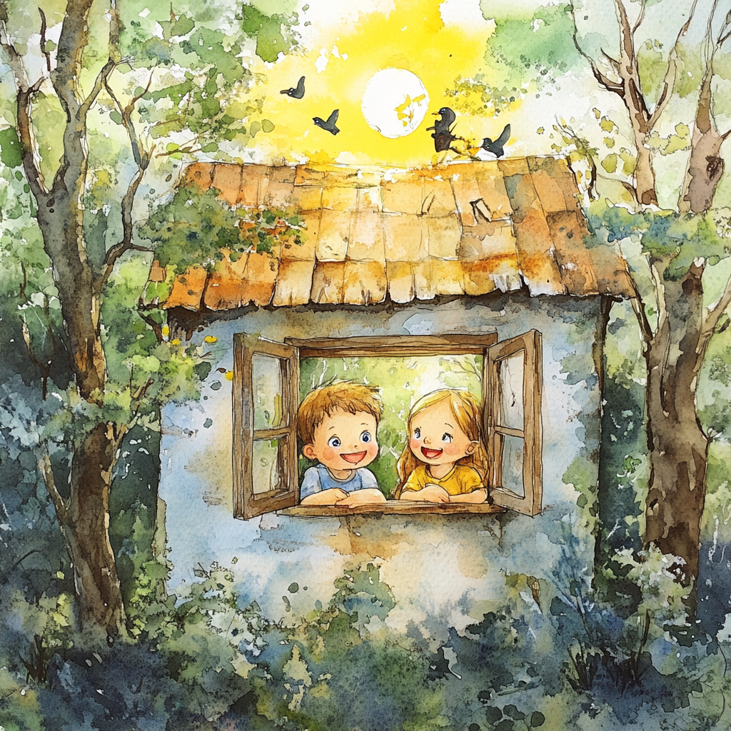 Children smiling by house window, looking at sun and nature.