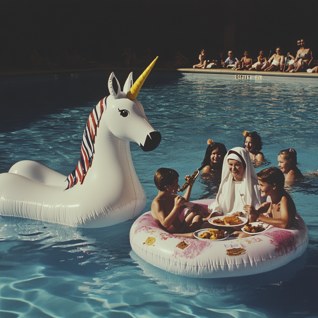 Children swimming, eating, playing instruments with happy nun supervising.