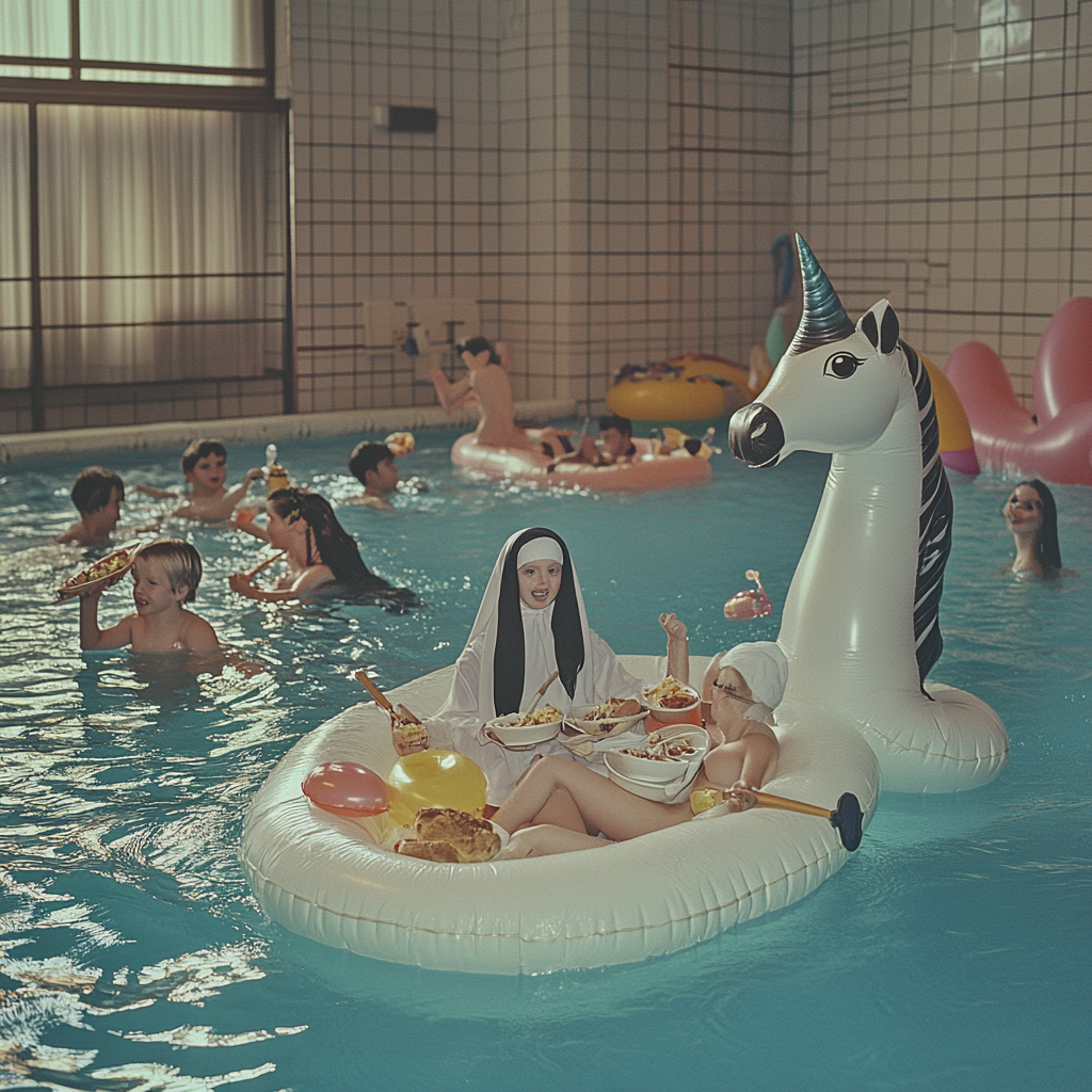 Children swimming, eating, playing instruments; nun on unicorn.