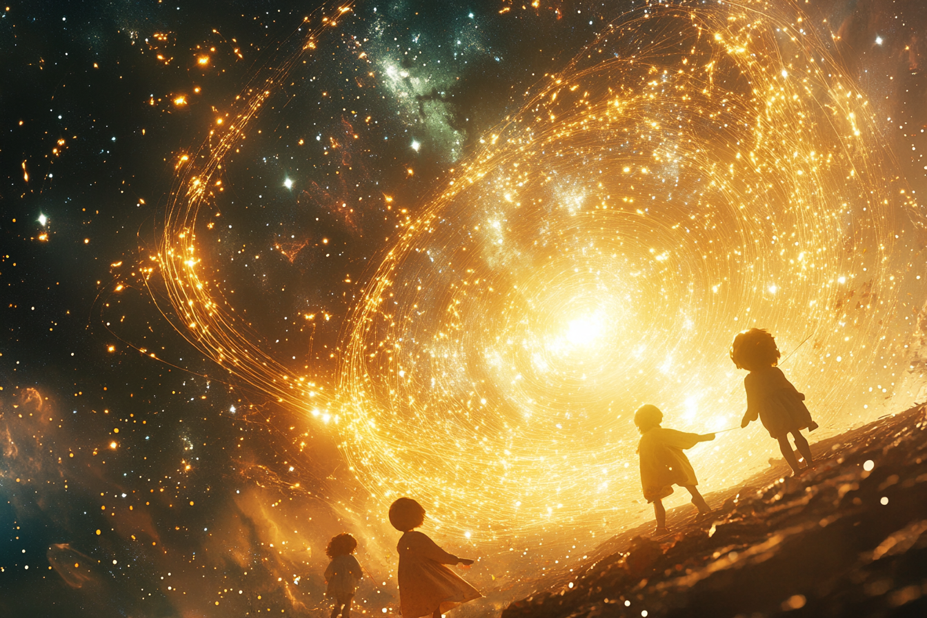 Children weaving golden threads between Earth and stars.