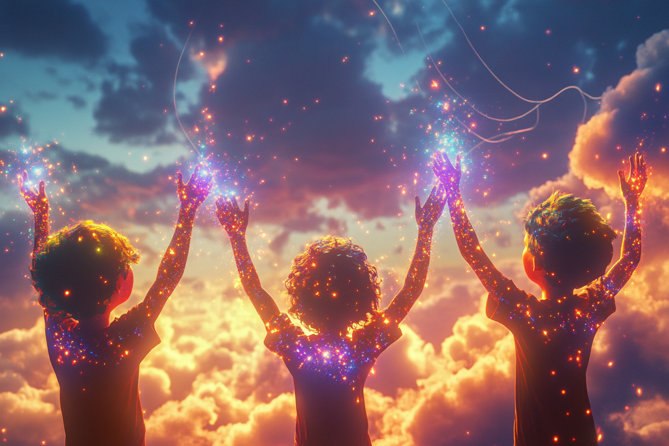 Children with sparkling auras reaching to light-filled clouds.