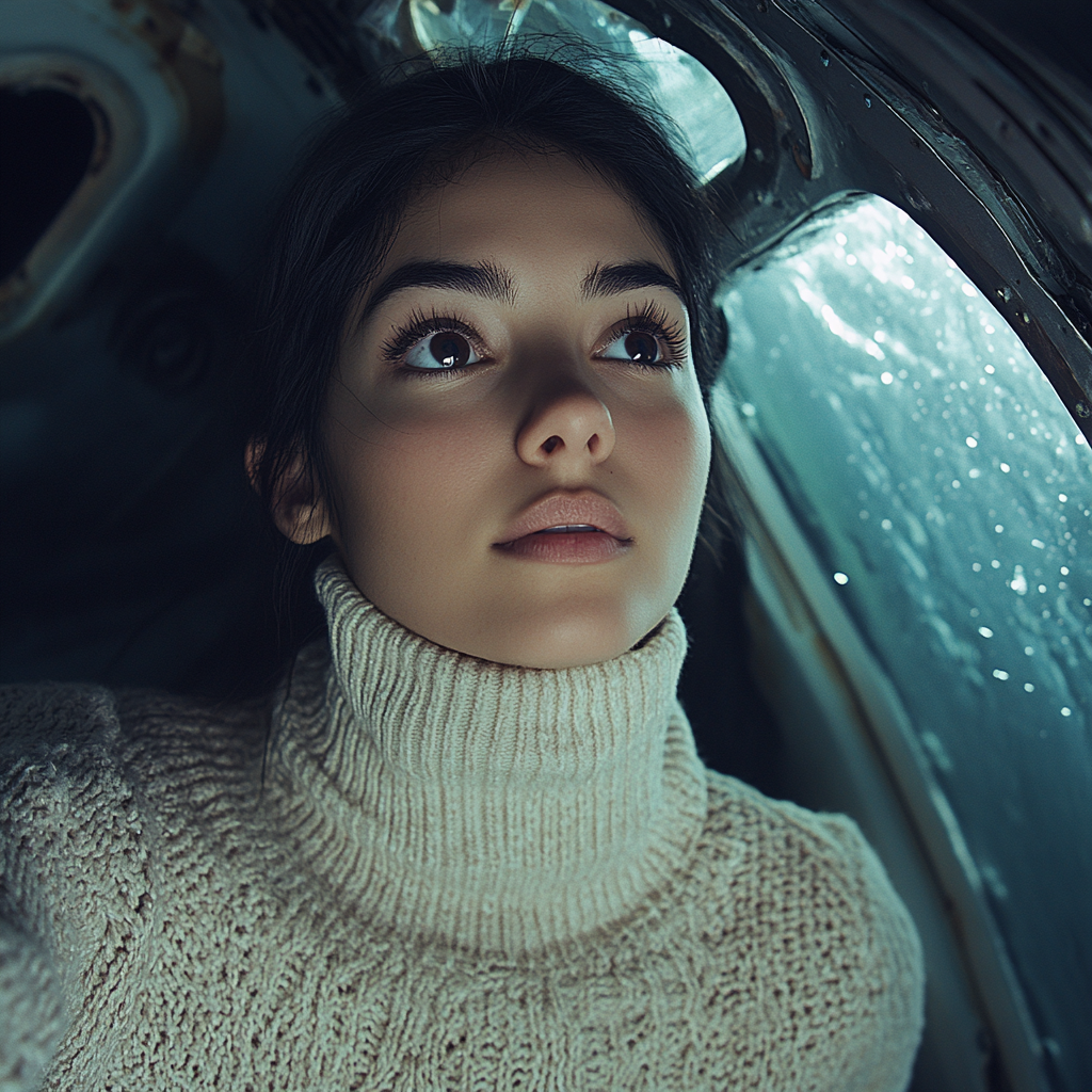 Chilean woman in cream turtleneck swimming from submarine.