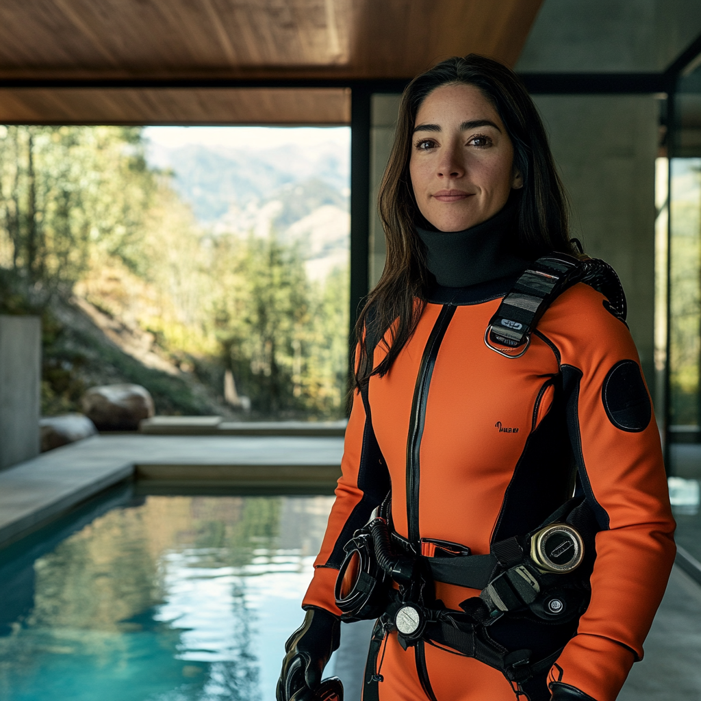 Chilean woman in drysuit next to scuba gear.