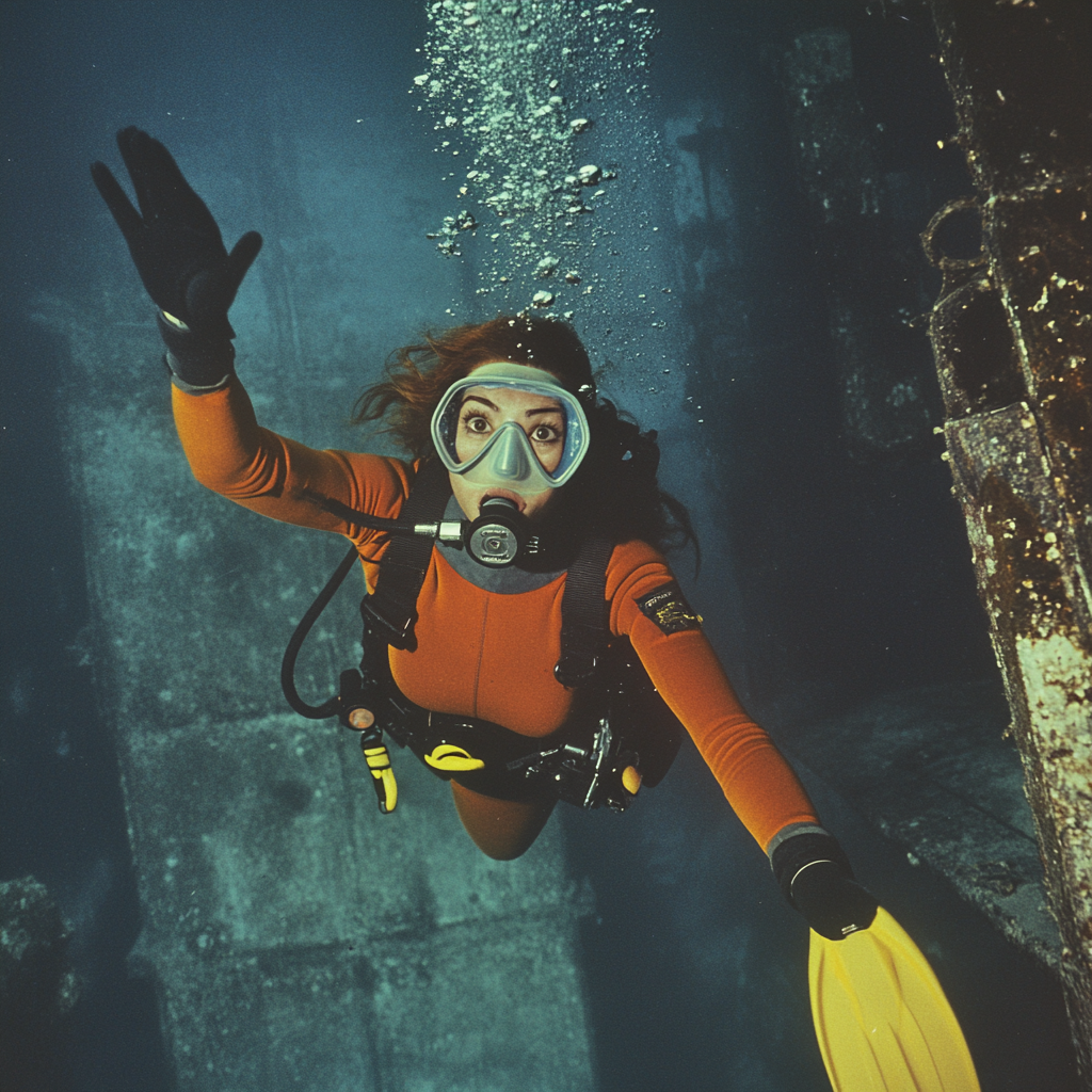 Chilean woman in orange drysuit diving inside sunken ship