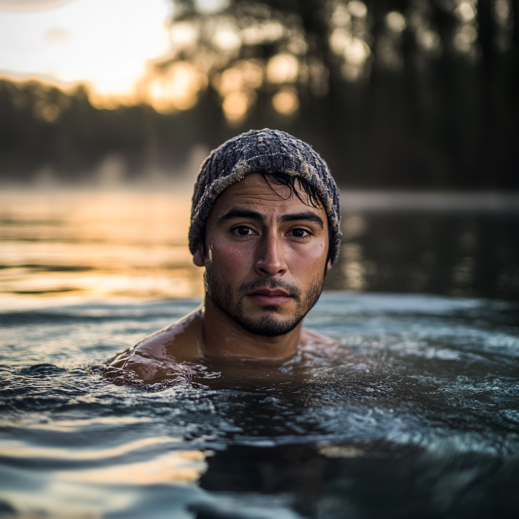 Chilly Lake Morning: Hispanic Man Submerged.