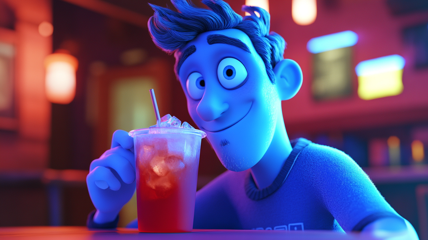 Chilly man sips cold Americano in Pixar scene