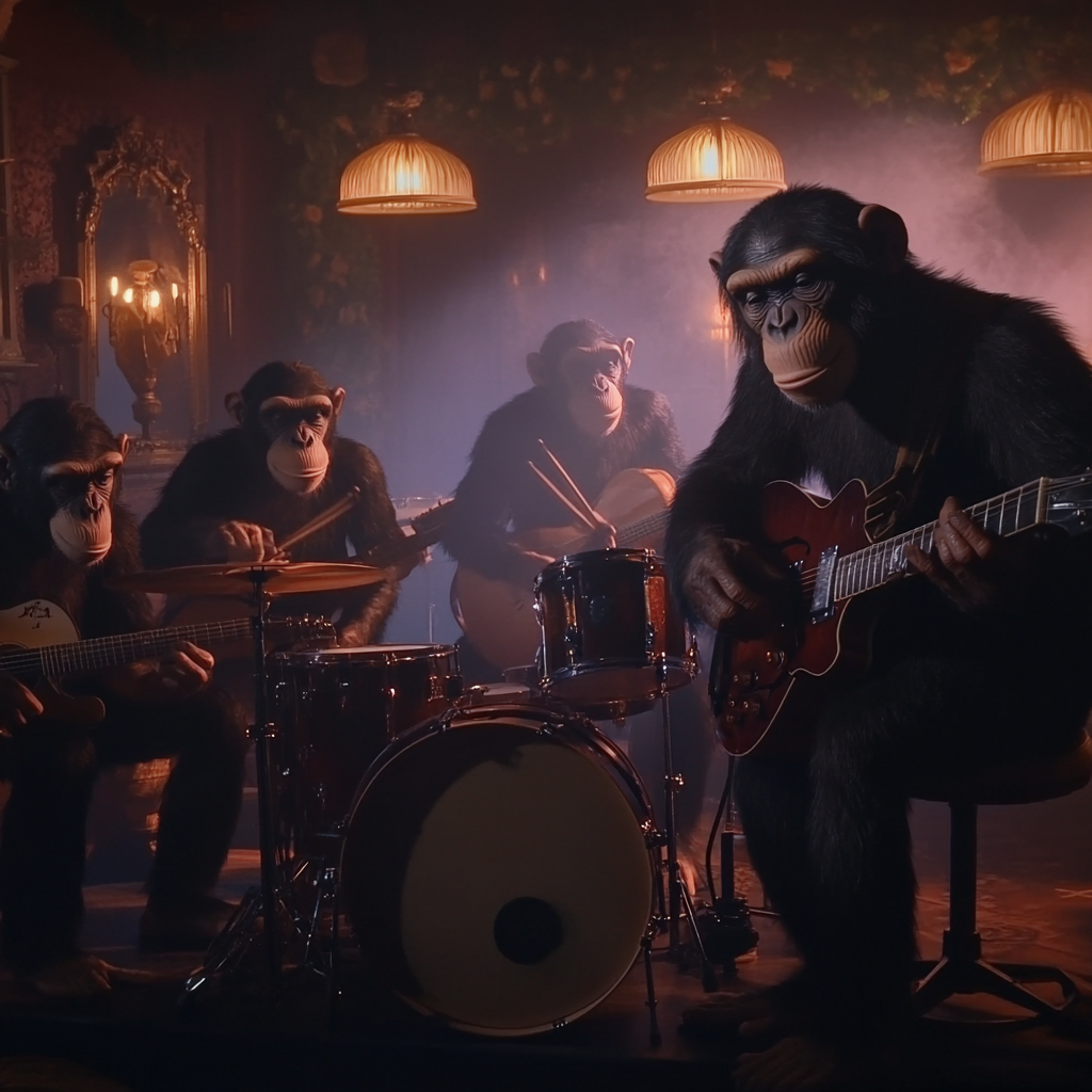 Chimp band playing music on Halloween stage