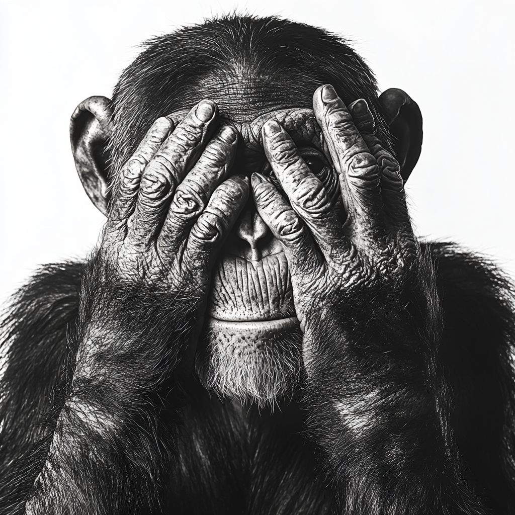 Chimpanzee covering eyes, tattoo design, zoomed in isolation.