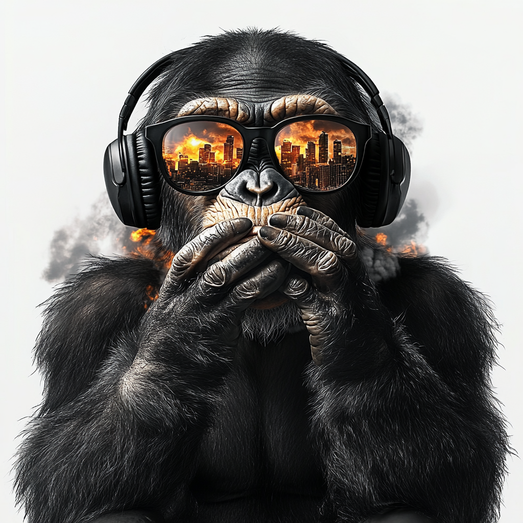 Chimpanzee covering mouth, sunglasses reflection shows burning city.