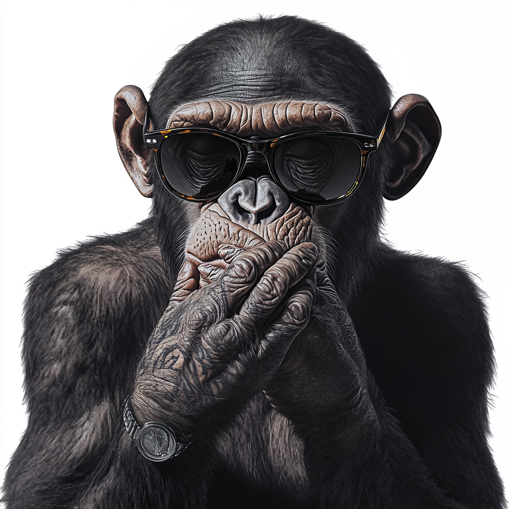 Chimpanzee in sunglasses covering mouth, realistic tattoo design, zoomed out