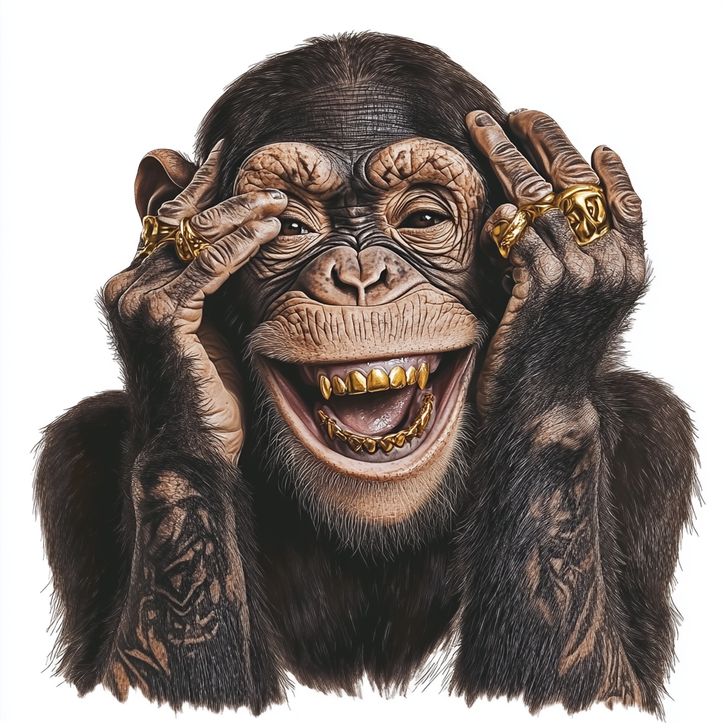 Chimpanzee smiling with gold grill, realistic lighting, tattoo design.