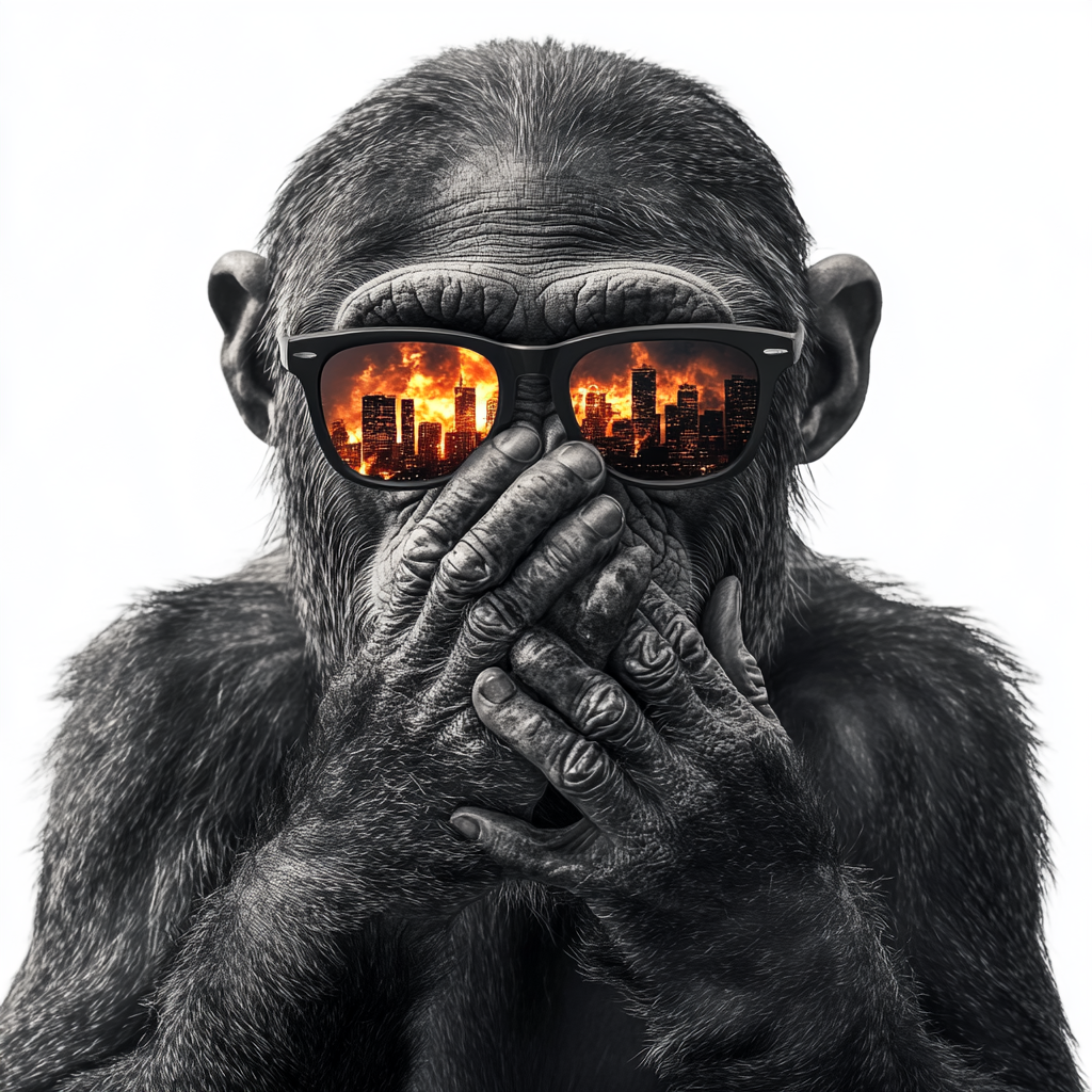 Chimpanzee wearing sunglasses looking at burning city reflection.