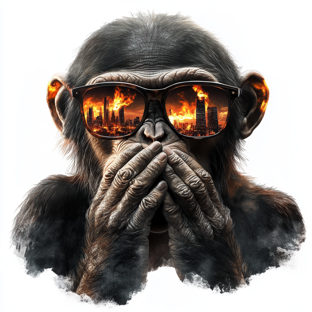 Chimpanzee with sunglasses covering mouth, city reflection, tattoo realistic.