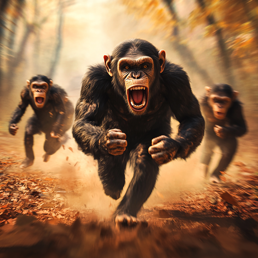 Chimpanzees chase monkeys in exciting action scene.