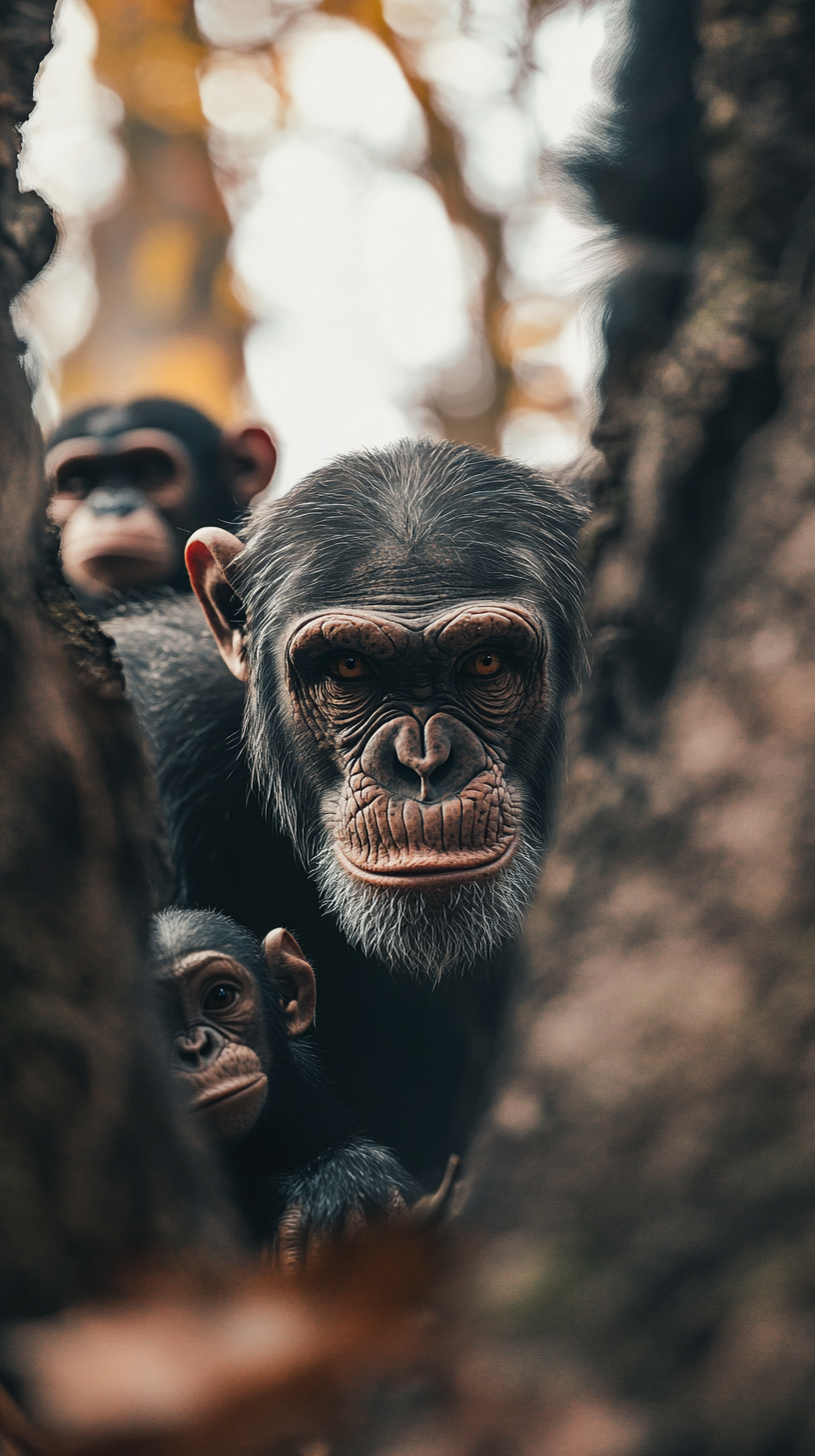 Chimpanzees hunting monkeys in bright cinematic action scene.