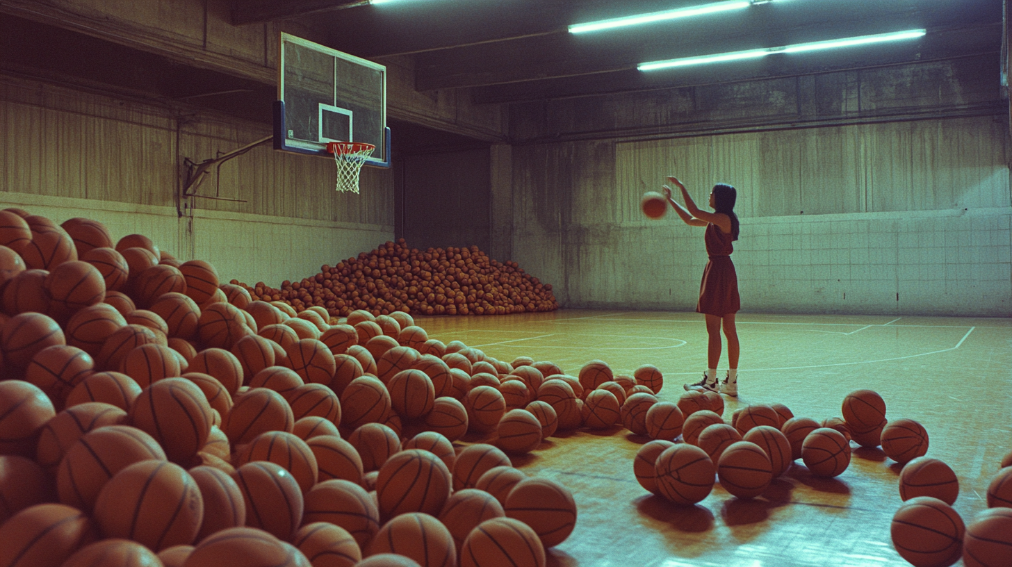 Chinese Basketballer Practicing in Ball-filled Court