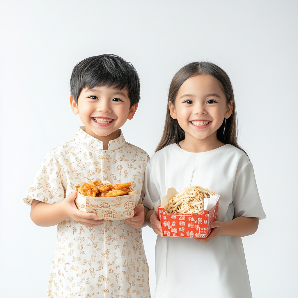 Chinese Filipino kids smiling, holding Chinese food, looking stylish.