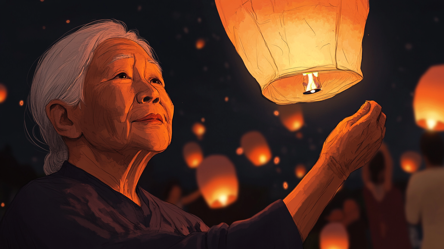 Chinese Grandma and Family Release Lantern at Night