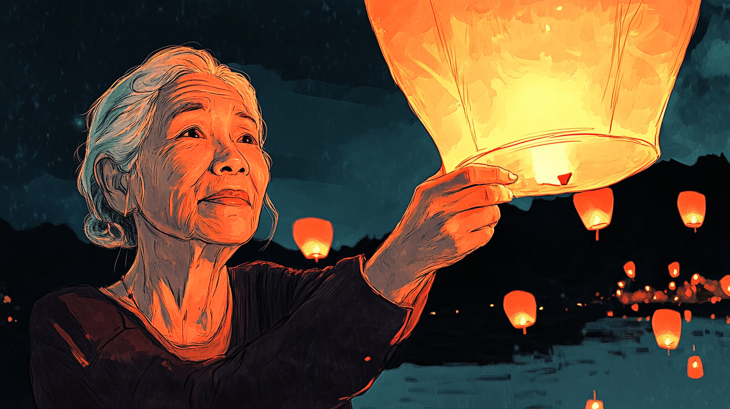 Chinese Grandma and Family Release Lanterns at Night