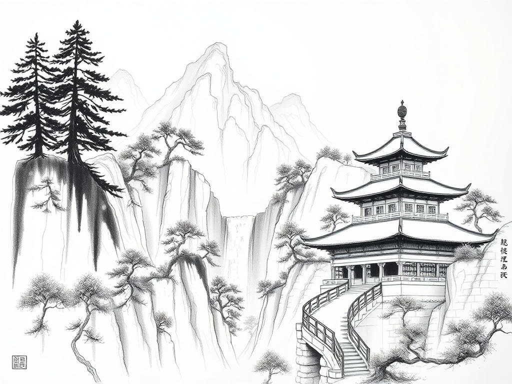 Chinese Ink Drawing: Pines, River, Waterfall, Temple