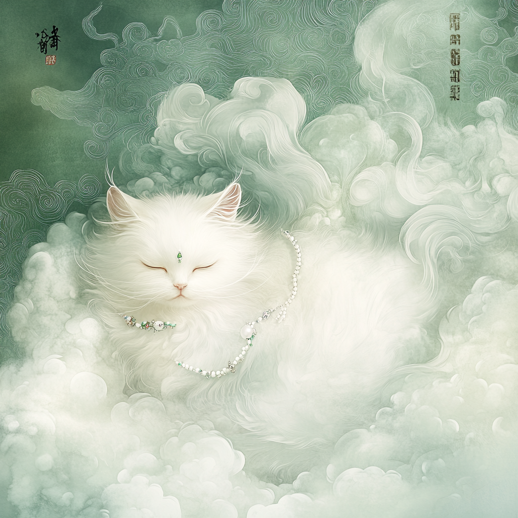 Chinese Ink Painting Poster with Elegant White Cat