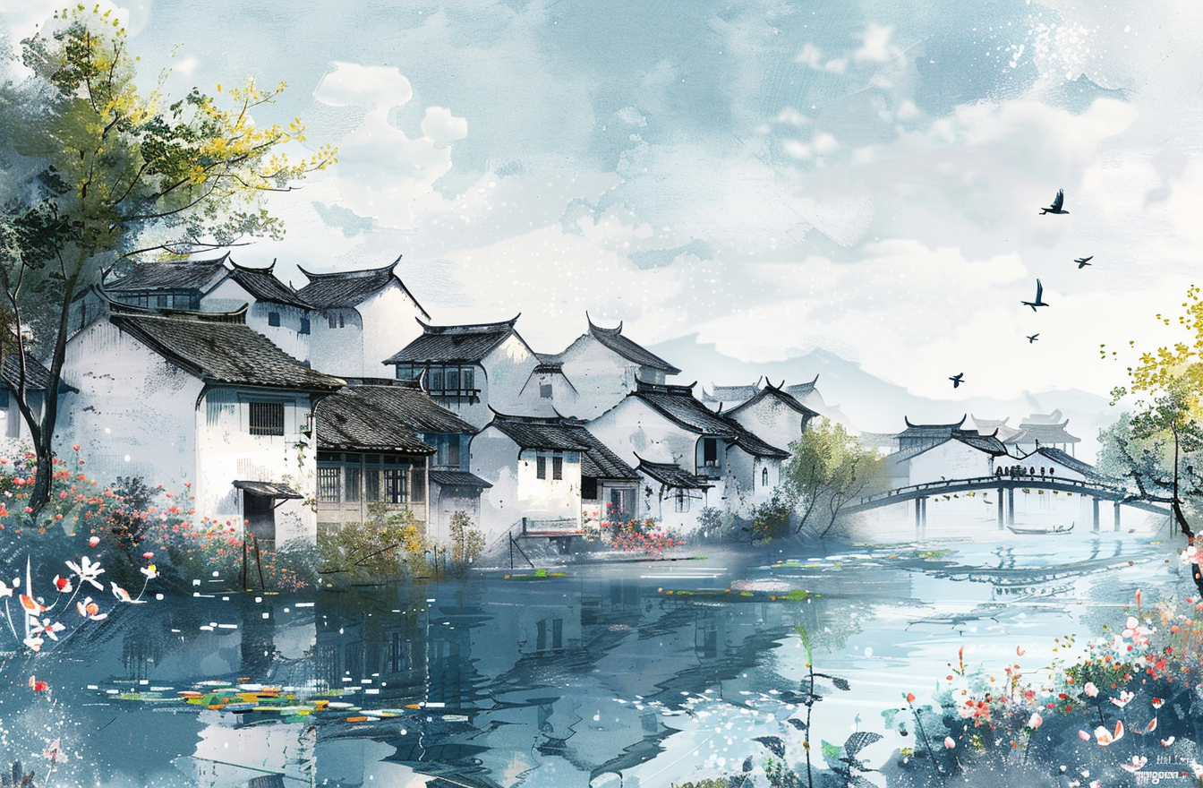 Chinese Ink Painting Style of Jiangnan Water Town Scenery